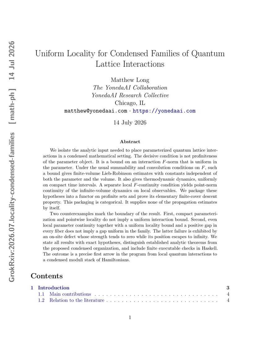 Page one of Uniform Locality for Condensed Families of Quantum Lattice Interactions