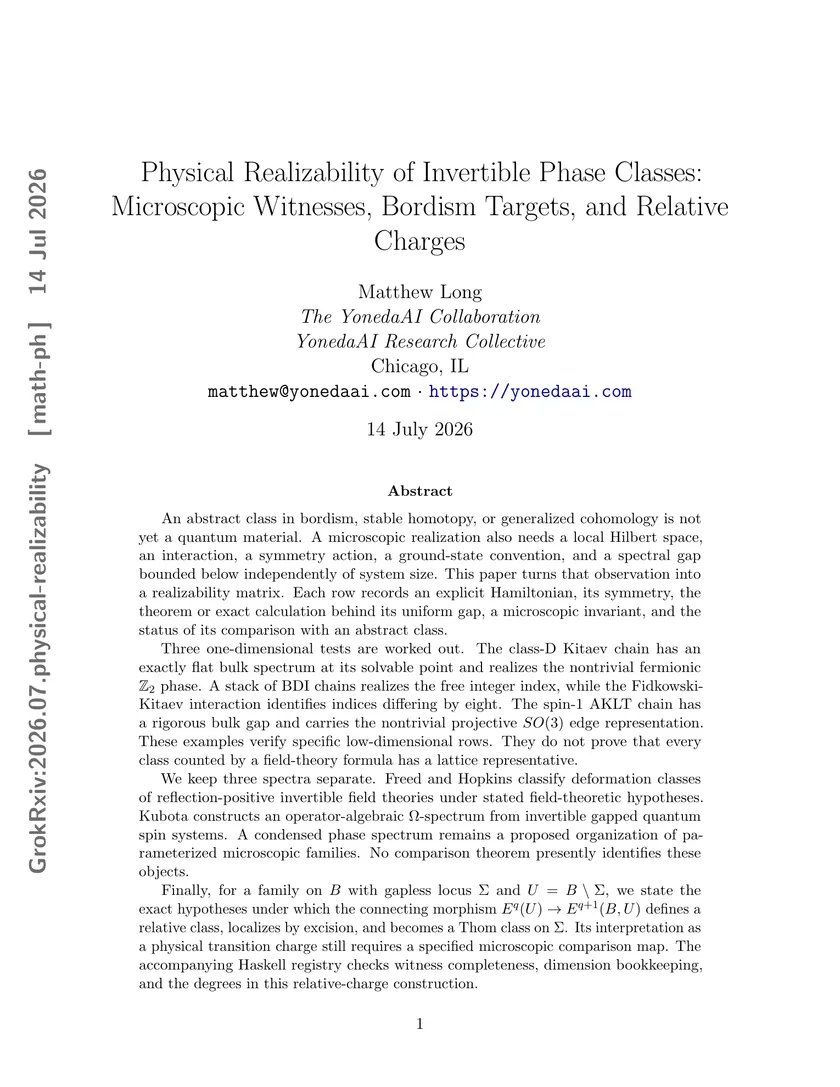 Page one of Physical Realizability of Invertible Phase Classes