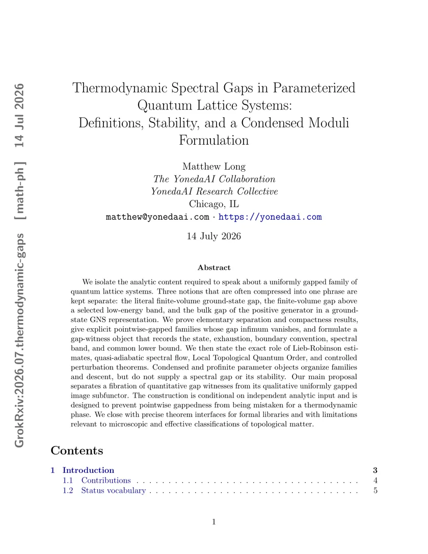 Page one of Thermodynamic Spectral Gaps in Parameterized Quantum Lattice Systems